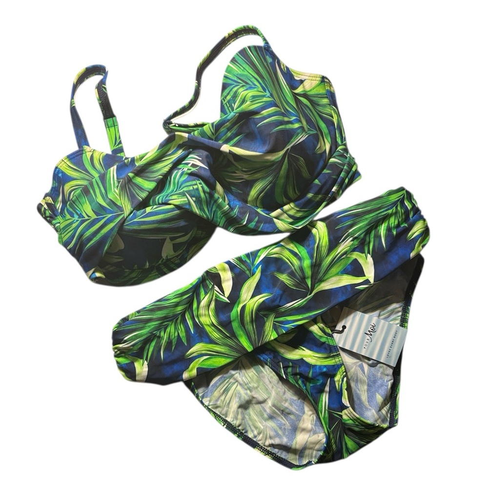 Pour Moi Palm Frond Green and Blue Leaf Bikini Top 36G and Medium Bottoms | NWT